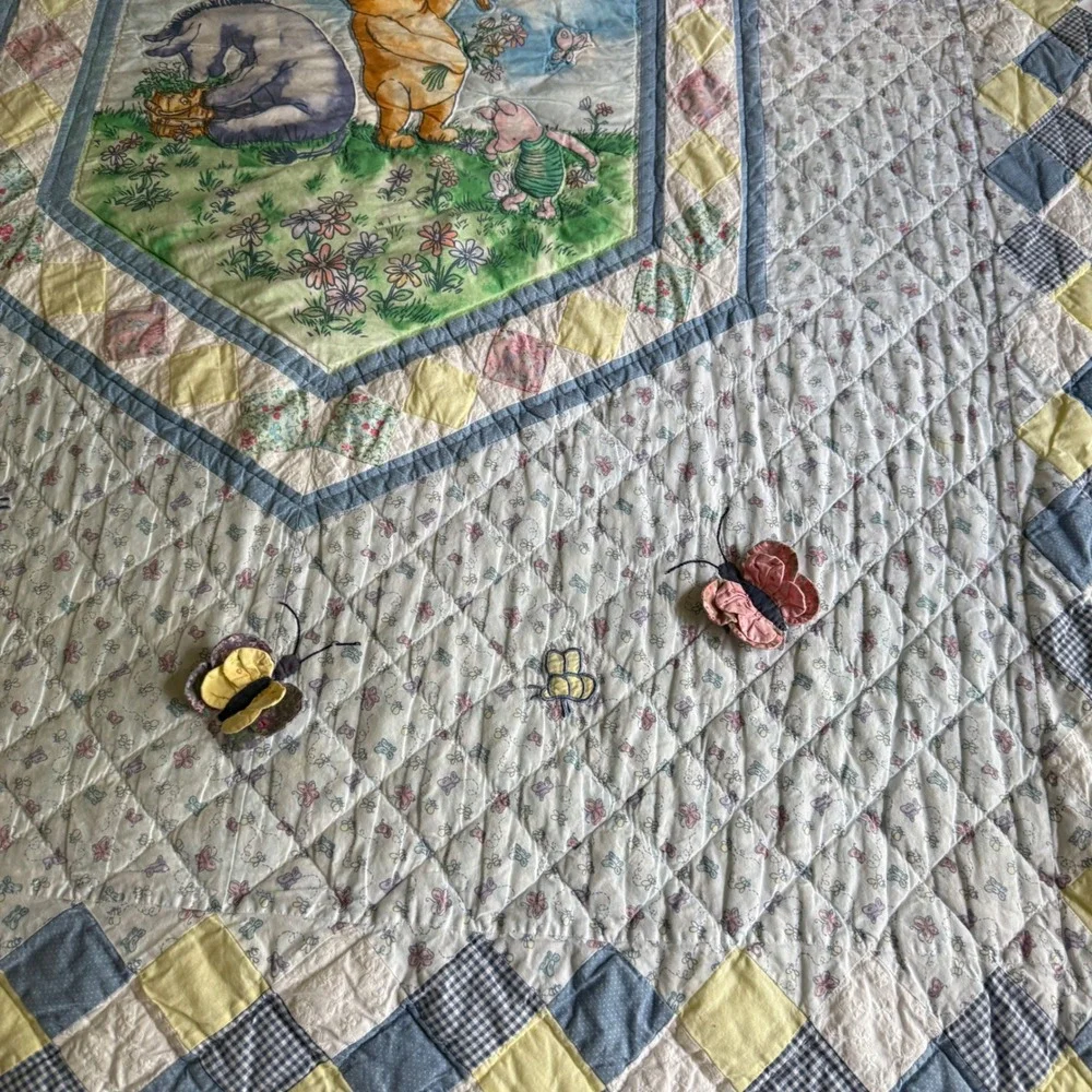 Vintage Classic Winnie the Pooh Twin Quilt Blanket Embroidered Butterfly
